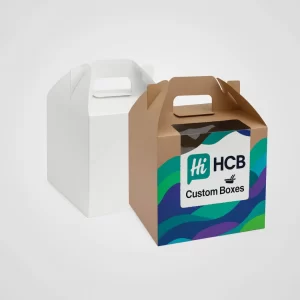 Two cardboard gable boxes with handles- one plain white and one with blue wave branding