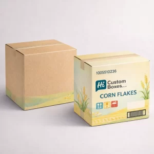 Durable kraft cardboard shipping cartons with bespoke branding and wheat illustrations for bulk cereal distribution.