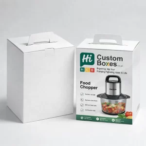 Two white appliance boxes with carry handles, one plain and one featuring a Bosch-style chopper.