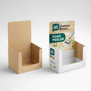 Cardboard counter display units with a high-back header, one plain brown and one with branding.