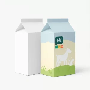 Two gable-top milk cartons- one plain and one featuring a bespoke blue and green design
