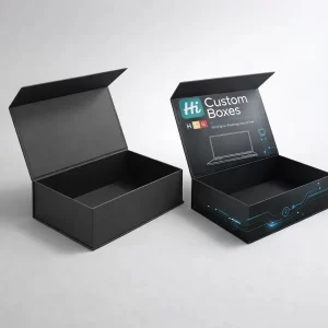 Deep luxury rigid boxes with magnetic hinged lids, shown in plain black and a branded blue design.
