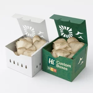 Two square mushroom boxes with lids- one white and one green with decorative leaf patterns