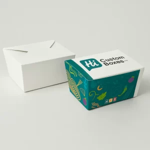Rectangular bespoke noodle boxes featuring a plain white design alongside a vibrant teal patterned option