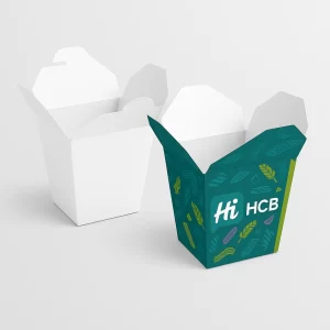 Two open-top takeaway pasta pails- one plain white and one teal with colourful branded illustrations