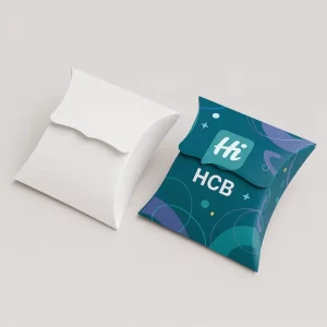 Two bespoke pillow gift boxes- one plain white and one vibrant teal with -Hi HCB- logo