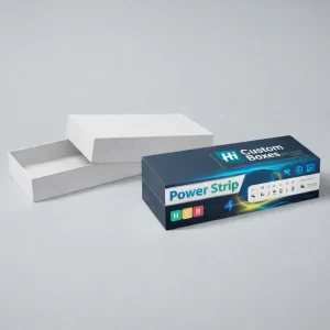 A two-piece white telescope box shown open alongside a premium dark blue branded power strip box.