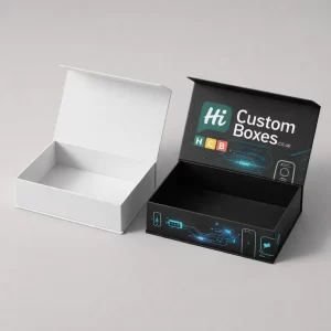Two premium hinged lid boxes, one white and one black with custom blue digital graphics inside.