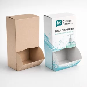 Two premium white soap dispenser boxes with a sleek, minimalist aesthetic and a central circular logo.