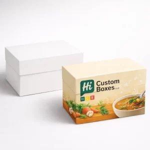 Two premium rectangular gift boxes, featuring a plain white finish and a bespoke printed soup design.