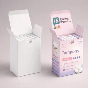 Two upright tuck-top cardboard boxes filled with tampons, featuring one plain white and one branded.