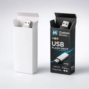 Two upright tuck-end boxes with top flaps open, displaying a silver USB drive inside each custom-printed pack.