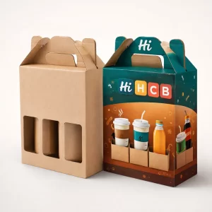 Two drawer-style slide boxes for beverages, one plain white and one featuring custom green illustrations.