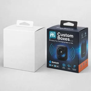 A white mock-up box and a printed blue Bluetooth speaker box with a hanging tab.