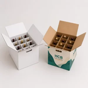 Heavy-duty corrugated wine shipping boxes featuring protective cardboard dividers for safely transporting multiple glass bottles.