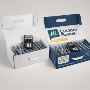 White and blue classroom pack boxes with carry handles, filled with multiple individual calculator units.