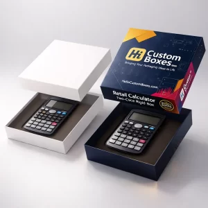 Premium retail rigid boxes with lids, showing black scientific calculators nestled in custom foam inserts.