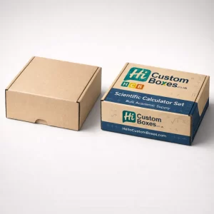 Two small square cardboard mailing boxes, one plain and one printed with scientific calculator branding.