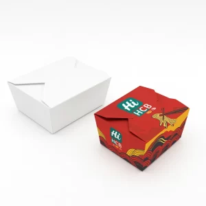 Two rectangular Chinese food boxes including a plain white version and a red patterned branded option