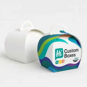 Two curved dome-style packaging boxes with circular handles- one plain white and one teal branded