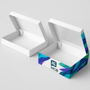 Two flat rectangular food boxes with windowed lids- one plain white and one teal branded