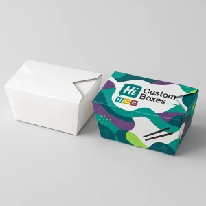 Closed rectangular cardboard takeaway boxes- one plain white and one with vibrant- abstract multi-coloured patterns