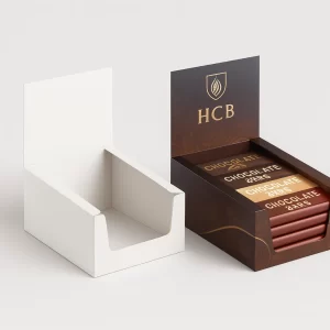 White and branded slanted retail display box holding rows of chocolate bars