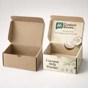 Bespoke kraft mailing boxes showcasing printed coconut graphics and dairy-free branding for UK e-commerce shipping.