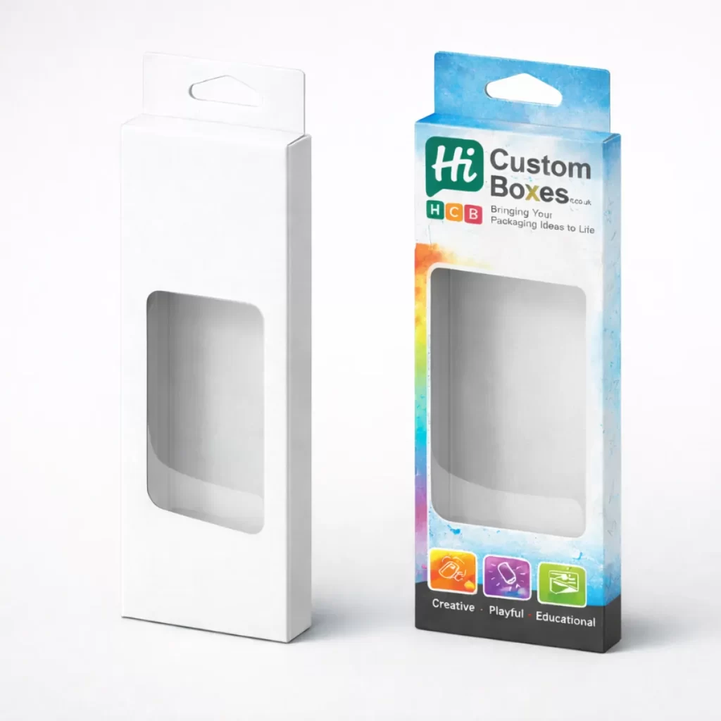 Two vertical hanging pencil boxes with display windows; one is plain white, the other has blue and rainbow accents.