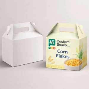 Custom printed white cereal gable boxes with a built-in handle for convenient carrying and gift packaging.