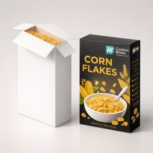 Premium black matte cereal box with elegant gold typography and realistic corn flake imagery for luxury branding.