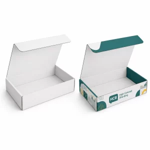 Open white and teal branded mailer boxes designed for professional e-commerce shipping and a premium unboxing experience.