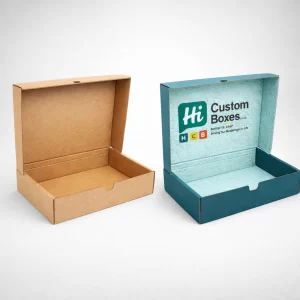 An open plain brown box next to an open teal box with a patterned interior.