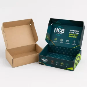 Open brown cardboard mailer box next to printed teal branding box.