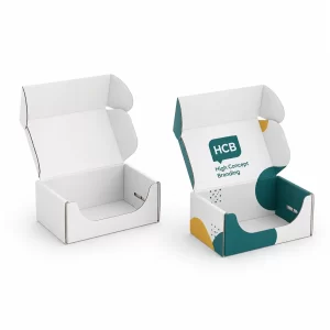 Durable white and teal custom branded corrugated boxes with a secure hinged lid for protective product shipping.