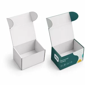 Vertical white and branded teal packaging boxes with an open lid design for premium retail merchandise display.