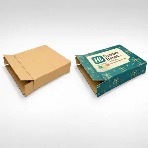 Two slim, flat-style cardboard mailers, one plain brown and one teal with gold gift illustrations.