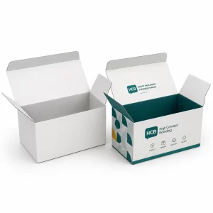 Open white and custom printed subscription style boxes featuring high-concept branding for professional e-commerce delivery.