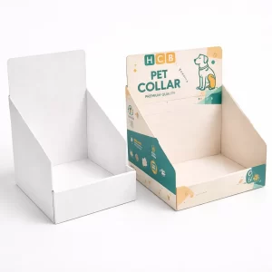 Cardboard counter display units, one blank white and one printed