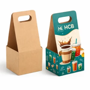Two white cardboard carriers designed for multiple cups, one plain and one with green branding.