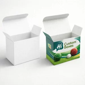 A plain white tuck-top box next to a printed version showing green and red bocce balls