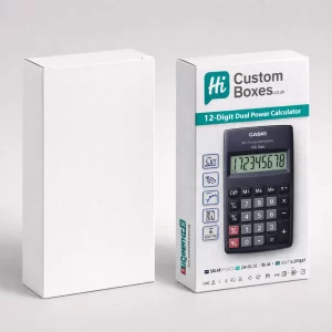 Two tall rectangular boxes, one plain white and one featuring a 12-digit dual power calculator.