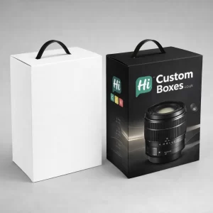 Two sturdy rectangular boxes with black plastic carry handles- one plain white and one branded