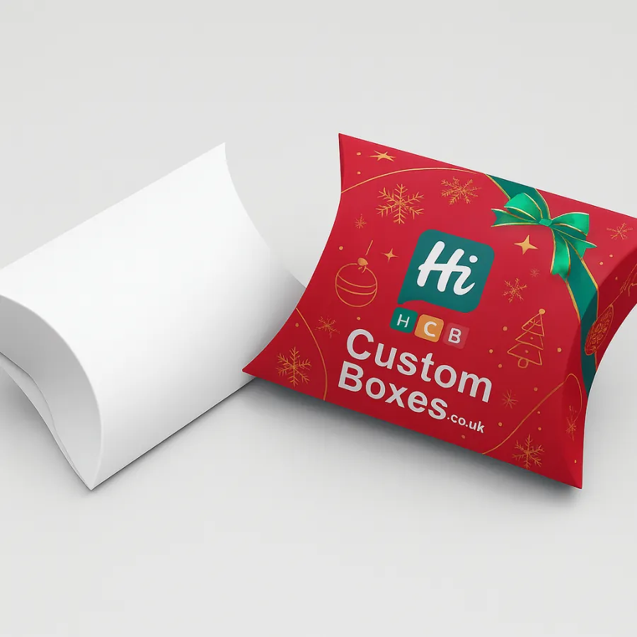 Custom Christmas pillow boxes with logo for festive gift and seasonal packaging