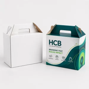 White and teal cardboard gable boxes with integrated carry handles.