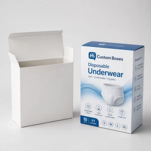 Two vertical retail boxes, one plain white and one featuring purple floral disposable underwear branding.