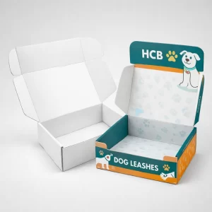 Two open mailer boxes, one plain and one featuring dog-themed graphics and a teal interior lid.