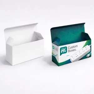 Two open-top cardboard boxes, one plain white and one branded with a green circuit pattern.