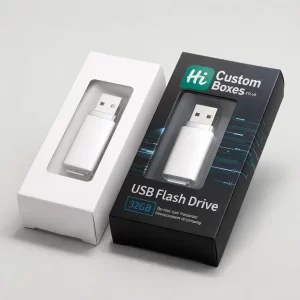 White and black cardboard boxes with clear windows displaying silver USB flash drives inside.