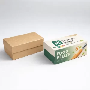Two-piece rigid boxes including a plain kraft version and a printed version for kitchen tools.